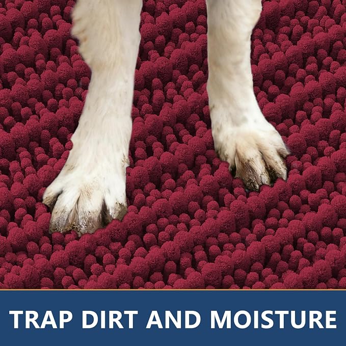 Smiry Dog Door Mat for Muddy Paws 24x16, Absorbent Dirt Trapper, Non-Slip Washable Chenille Entryway Rug for Inside Floor, Burgundy, Layered Pattern
