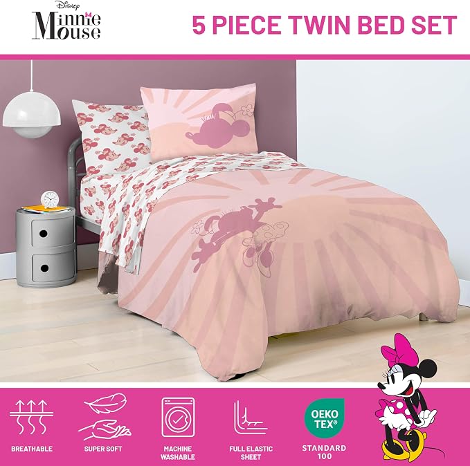 Disney Minnie Mouse Twin Comforter Set 5 Piece Bedding for Girls, Pink | Bed in a Bag, Comforter Sheets Sham Pillowcase, Official Product, Soft Microfiber, Machine Washable, Easy Care, Girls Gift