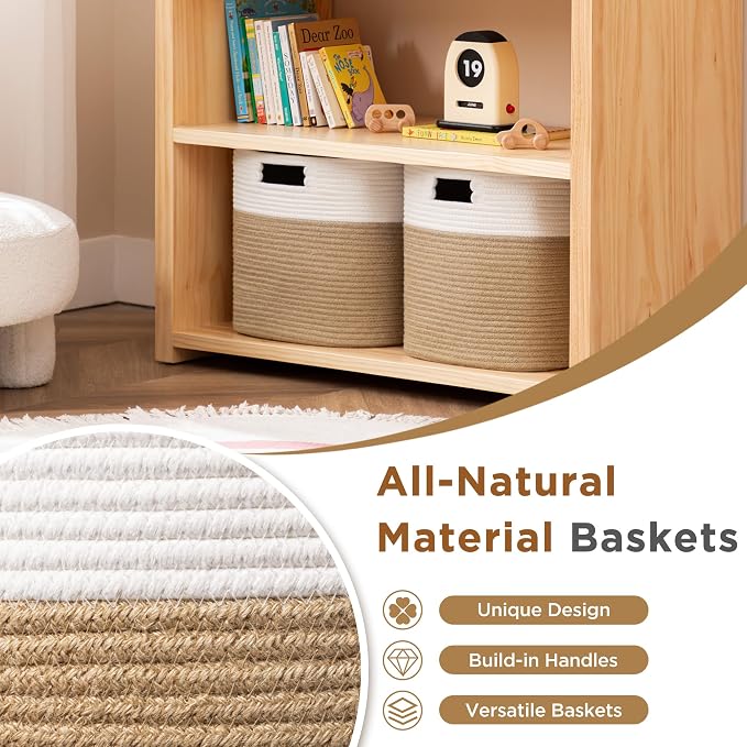 UBBCARE Set of 4 Storage Basket-13 X 13 X 13 in, Cotton Rope Basket for Shelves, Toys, Book, Cube Storage Bins with Handles, Woven Storage Basket for Organizing, White & Jute
