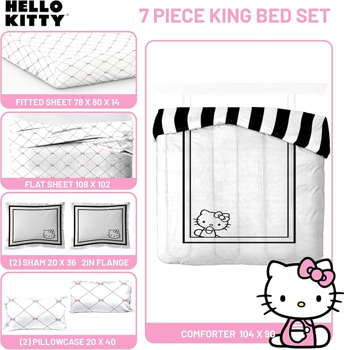 Sanrio Hello Kitty King Comforter Set 7 Piece Bedding for Girls, White | Bed in a Bag, Comforter Sheets Shams Pillowcases, Official Product, Soft Microfiber, Machine Washable, Girls Gift