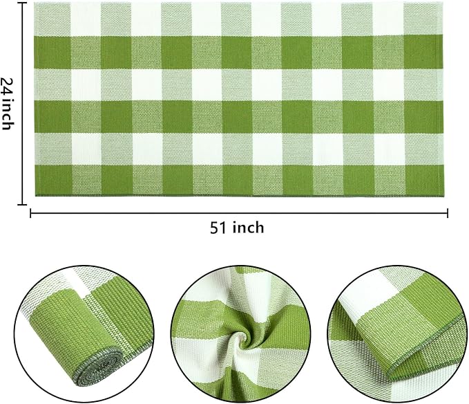 Buffalo Plaid Outdoor Rug 24''x51''Green and White Checkered Front Porch Rug Cotton Woven Washable Door Mat Outdoor for Layered Hello Welcome Door Mat Farmhouse Entryway