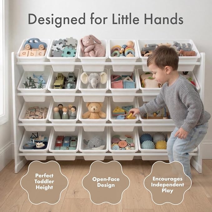 Humble Crew Kids Toy Organizer with 20 Bins, 4 Tier Storage for Playroom | Sturdy wood and steel toddler shelf, removable BPA-free containers, wall anchor anti-tip safety kit for bedroom or classroom