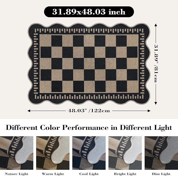 Checkered Easy Jute Front Door Mat, 2.6x4 Washable Entryway Rug Non Slip Small Kitchen Rug, Farmhouse Low Pile Floor Scalloped Rugs for Doorway Porch Bathroom