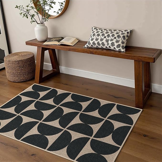 Easy Jute 2x3 Black Semicircle Area Rug,Washable Entryway Rug, Small Modern Door Carpet,Neutral Non-Slip Outdoor Indoor Farmhouse Rug for Kitchen Patio Entry Porch
