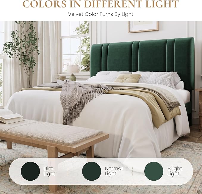 SHA CERLIN Queen Size Velvet Bed Frame with Adjustable Headboard, Green | Vertical Channel Tufted Design, Upholstered Platform Bed, Wood Slats Support/No Box Spring Needed/Easy Assembly