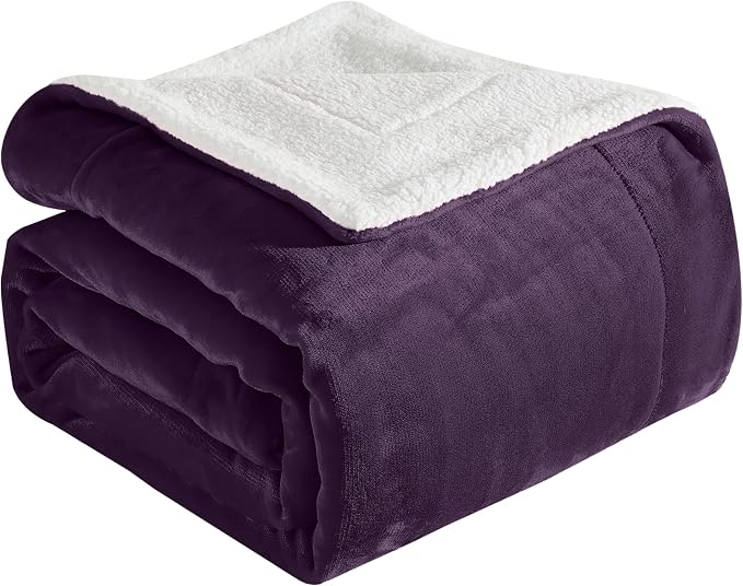 Elegant Comfort Ultra Soft Reversible Flannel Sherpa Blanket - Cozy Silky Fleece Throw for Couch, Bed - Plush Fuzzy Warm Winter Blanket for Gift, Twin, Purple