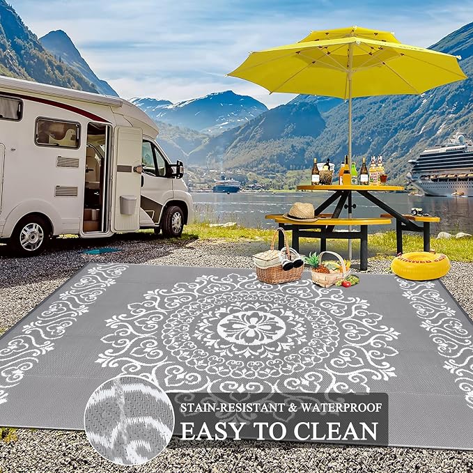 Pauwer Waterproof Outdoor Rug 8x10, Reversible Plastic Straw Patio Camping Rug, Indoor Outdoor RV Mat Carpet for Deck, Camper, Porch, Balcony, Backyard, Picnic, Floral Grey | Reversible Patio Rug, UV Resistant Indoor Outdoor RV Mat Carpet For Deck, Cam...