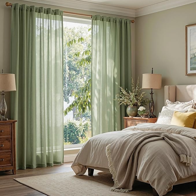 MYSKY HOME Sage Green Curtains for Beroom Liivng Room 84 Inch Length 2 Panels Set, Semi Sheer Soft Touch Light Filtering Drapes for Sliding Glass Door Farmhouse Boho Curtain, 50" Wide, 2 PCs