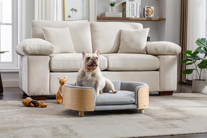 Pet Sofa Bed for Small Medium Dogs Cats, Removable Washable Plush Cushion Elevated Anti-Slip Durable Pet Couch Lounge Furniture for Living Room Bedroom (Light Gray, Medium)