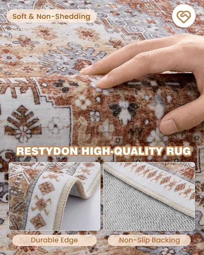 Washable Rugs 8x10 Area Rugs for Living Room, Non-Slip Backing Large Rug for Nursery Room, Vintage Floral Bedroom Rugs, Thin Indoor Home Decor Soft Farmhouse Rug (Orange,8'x10')