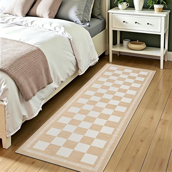 Vasofe 2x6 Runner Rug for Hallway, Checkered Jute Runner Rugs, Washable Rug | Outdoor Indoor Patio Porch Balcony Bedroom Kitchen Laundry Geometric Mat, Non Slip Plaid Farmhouse Carpet, Khaki and White