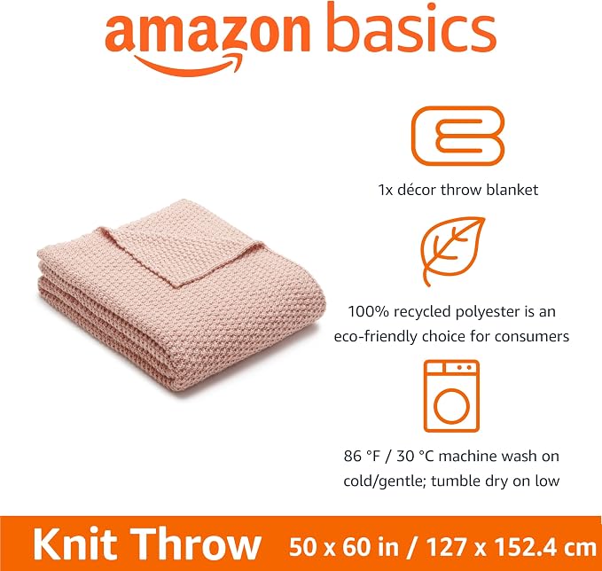 Amazon Basics Chunky Cable Knit Throw Blanket for Couch, Sofa, Bed, Lightweight Soft Cozy, 50" x 60", Dusty Rose