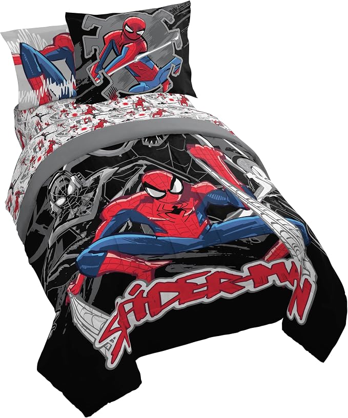 Marvel Spiderman Full Comforter Set 7 Piece Bedding for Boys, Black | Bed in a Bag, Comforter Sheets Shams Pillowcases, Official Product, Soft Microfiber, Machine Washable Easy Care, Boys Gift