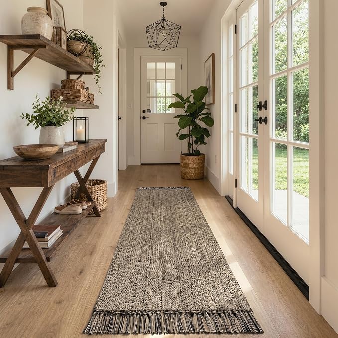 Collive Boho Washable Kitchen Runner Rug, Modern Farmhouse Hallway Runner Rug 2.6' x 8' Natural/Black Bathroom Rugs, Hand Woven Entry Hall Carpet for Laundry Bedroom Decor