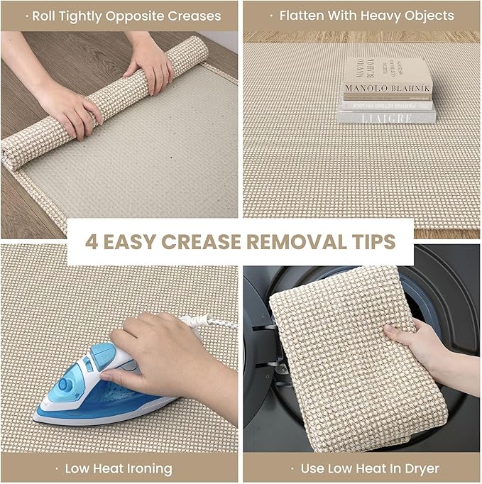 IOHOUZE Washable Runner Rug 2x10 Non Slip Rubber Backed Long Hallway Runner Entryway Runner Indoor, Kitchen Rugs Woven Cotton Floor Carpet for Hall Entrance, Cream/Beige