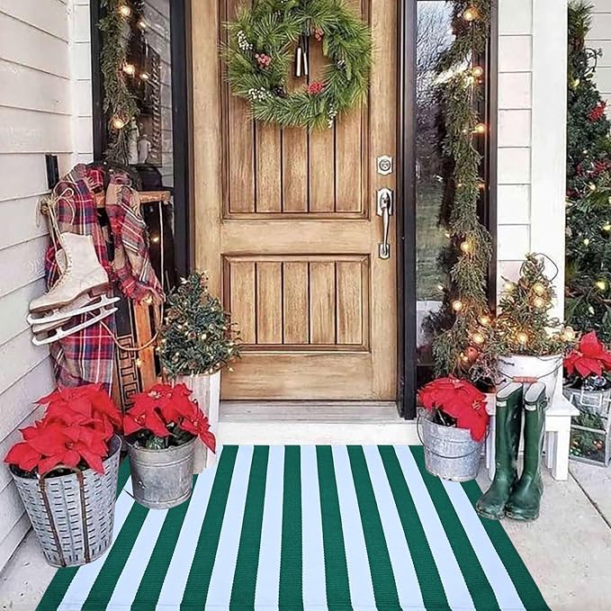 Green and White Striped Outdoor Rug St. Patrick's Day Rug 27.5'' x 43'' Spring Doormat Layered Welcome Mat for Farmhouse Easter Spring Front Porch Entryway Decor