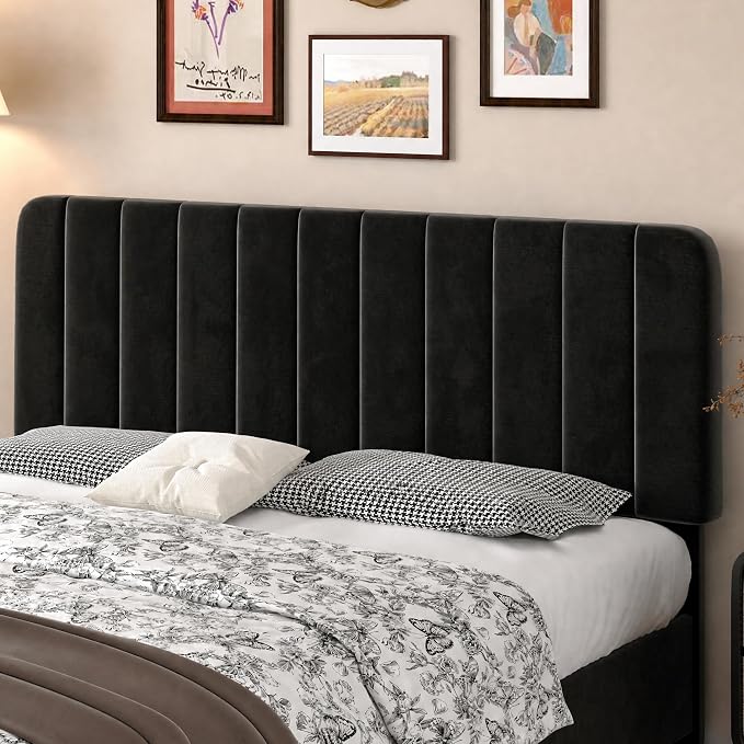 VECELO Queen Size Upholstered Bed Frame with 4 Drawers and Headboard, Velvet Platform Storage Bedframe, Wooden Slats Support, No Box Spring Needed,Black