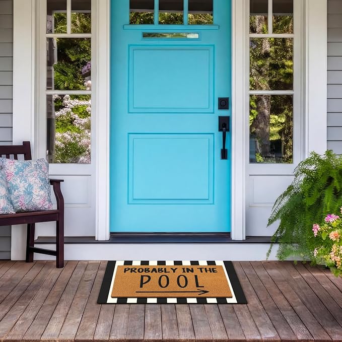 Tinideya 2 Pcs Summer Door Mat Probably in the Pool Welcome Non Slip Coir Mats Floor Layering Black and White Strips Doormats Seasonal for Front Porch Entryway Decor(Pool)