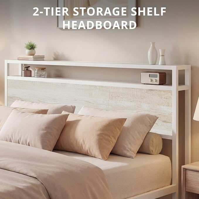 LIKIMIO Queen Bed Frame with 2-Tier Storage Shelf Headboard | Wood Platform Bed, Camas Queen with Strong Metal Supports, Sturdy, Noise-Free, No Box Spring Needed, White Maple