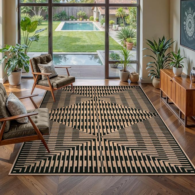 LIVEBOX Easy Jute Patio Rug 5x7, Washable Indoor Outdoor Area Rug Non Slip, Farmhouse Striped Carpet for Living Room, Office, Backyard, Dining Room (Black)