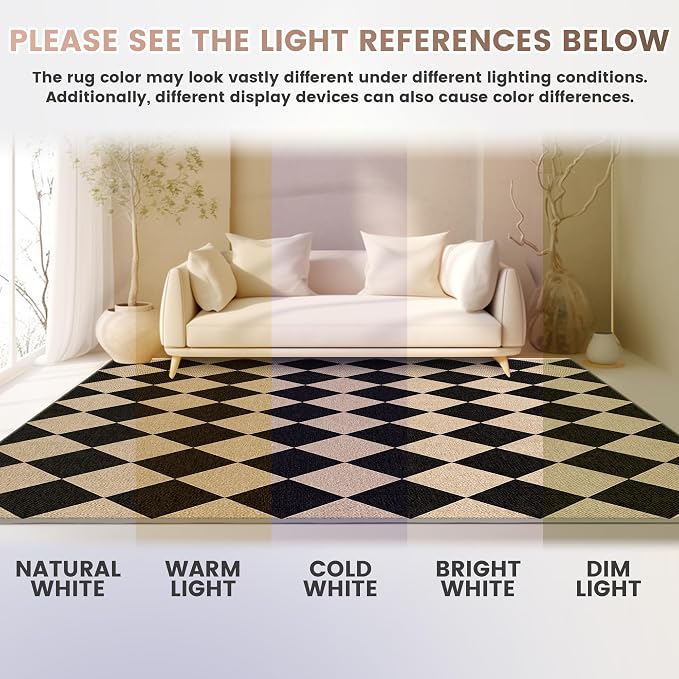 Washable Checkered Easy Jute Runner Rug, 2x8 Black Diamond Checkerboard Boho Geometric Outdoor Indoor Patio Rug, Low Pile Lightweight Non Slip Long Runner Carpet for Hallway Kitchen 8ft Entryway Porch
