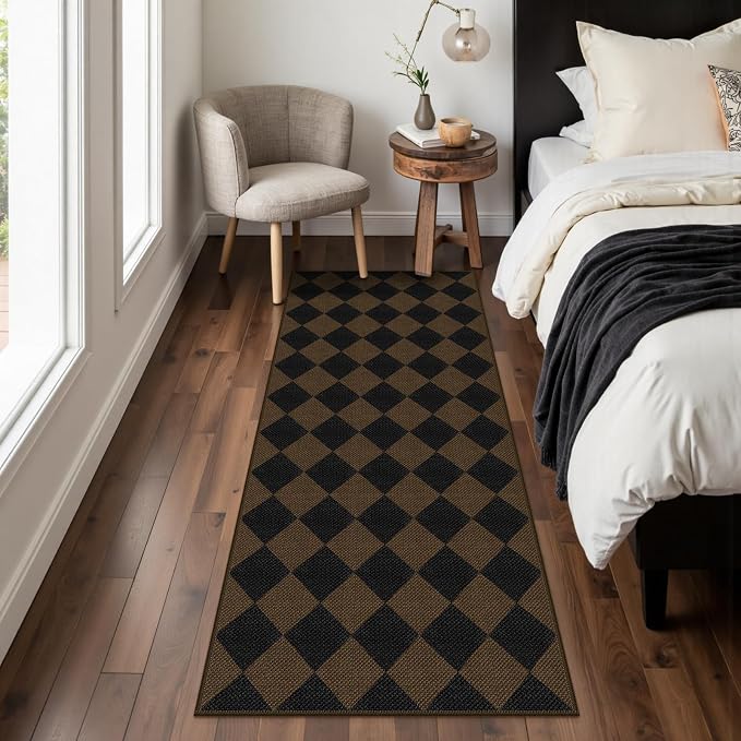 Rugalia Easy Jute Checkered Runner Rug, 2x6 Coffee Modern Washable Rugs Runner for Hallway Non-Slip Kitchen Runner Rug, Geometric Diamond Indoor Outdoor Carpet for Porch Laundry Entryway