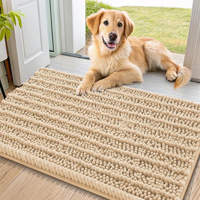 Smiry Dog Door Mat for Muddy Paws 40x24, Absorbent Dirt Trapper, Non-Slip Washable Chenille Entryway Rug for Inside Floor, Beige, Layered Pattern
