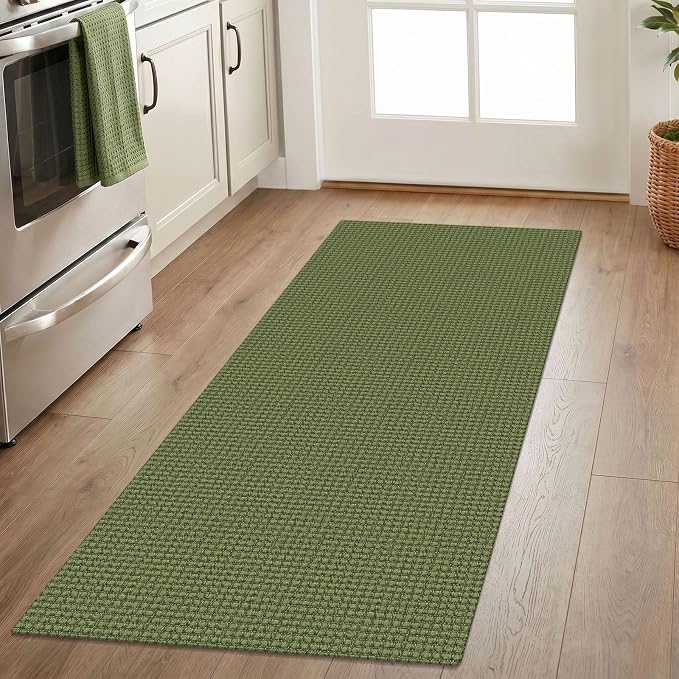 IOHOUZE Washable Runner Rug 2x5 Non Slip Runners for Hallways Entryway Runner Indoor, Kitchen Throw Rug Woven Cotton Floor Carpet for Hall Entrance Bedroom, Olive Green/Earthy Green