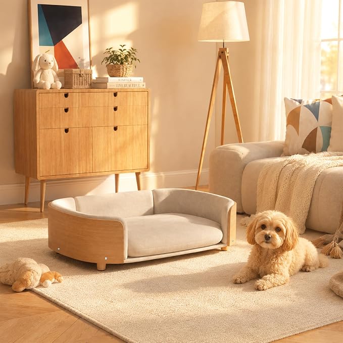 Pet Sofa Bed for Small Medium Dogs Cats, Removable Washable Plush Cushion Elevated Anti-Slip Durable Pet Couch Lounge Furniture for Living Room Bedroom (Light Gray, Large)