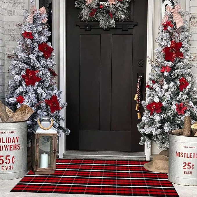 Bottalive Christmas Plaid Outdoor Rug, 2' x 4'3'' Red & Black Check Indoor/Outdoor Area Rug, Layering Rug for Hello/Welcome Door Mat, Machine Washable Cotton Woven Farmhouse Mat for Front Porch Décor