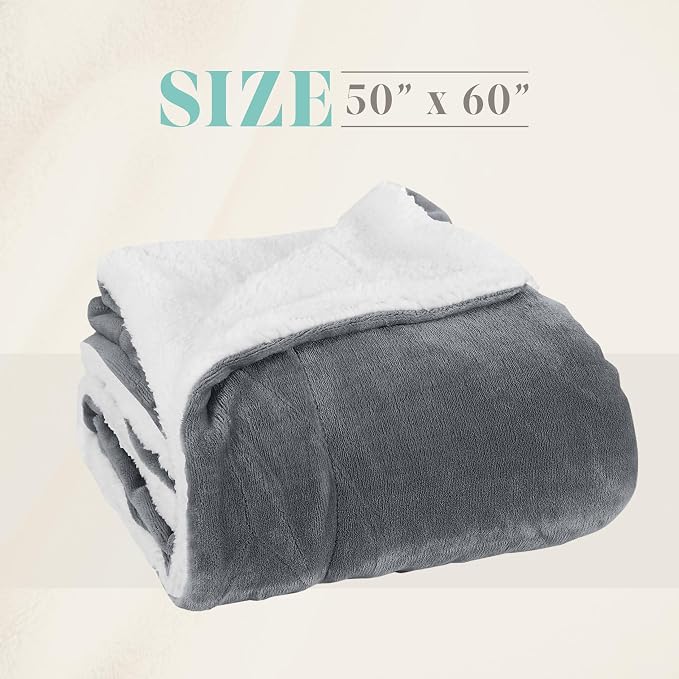 Elegant Comfort Throw Blanket, Reversible Sherpa Flannel, Ultra-Soft, Fuzzy, Cozy and Plush- All Season Lightweight Decorative Throw, 50 x 60 inches, Solid Sherpa Throw, Gray