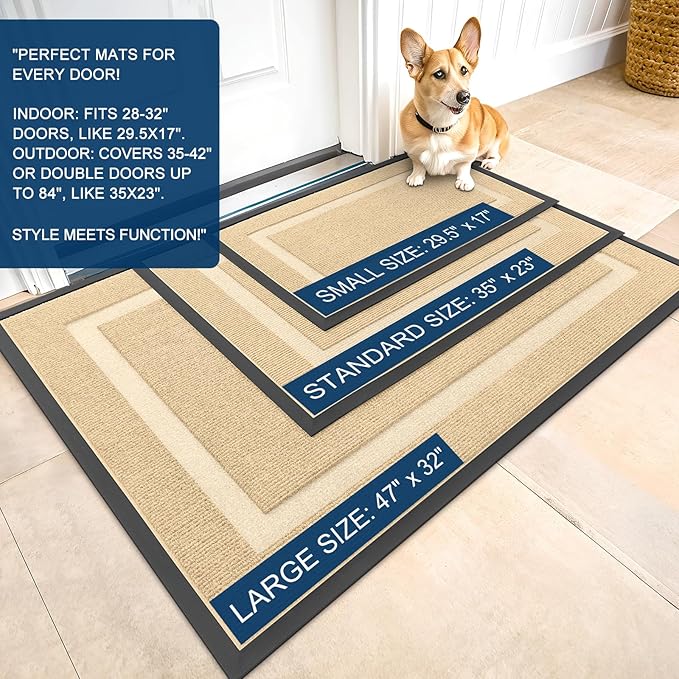 OLANLY Front Door Mat Indoor Outdoor Entrance, Waterproof All-Season, All-Weather Doormat, Sturdy Natural Rubber, Fade Resistant, Low Profile, Easy Clean Patio Porch Entryway Mat, 71x23, Beige