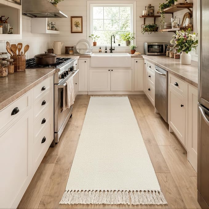 Collive Rug Runners for Hallways, Boho Washable Kitchen Runner Rugs 2.6' x 10' Farmhouse Indoor Entry Hall Carpet, White Modern Hand Woven Bathroom Runner Carpet for Bedroom Entrance Porch Decor