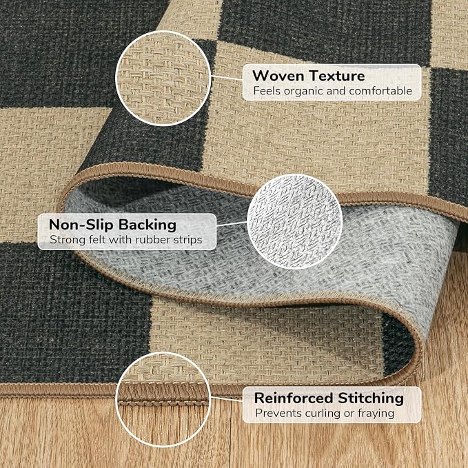 Lessymo Living Room Rugs 5x7 Checkered Washable Easy Jute Outdoor Patio Rug | Non-Slip Carpet for Dining Room Bedroom, Kids & Pets Friendly, Stain Resistant, All Vacuums Compatible, Diamond Black/Beige