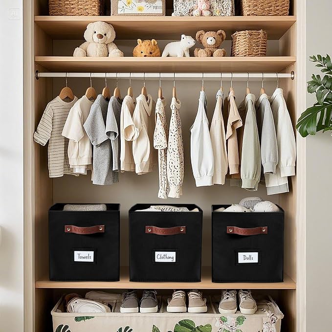 DECOMOMO Storage Bins, Cube Storage Bin with Labels | 10.5" x 11" Fabric Storage Cubes for Shelves (6pcs, Black)