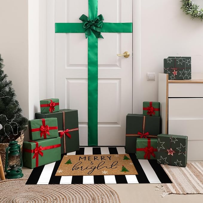 Moucuny 2 Pcs Christmas Door Mat Outdoor Merry Christmas Nature Coir Welcome Outdoor Rug Black White Stripe Xmas Front Porch Rugs Non Slip Floor Mats Entrance Decor