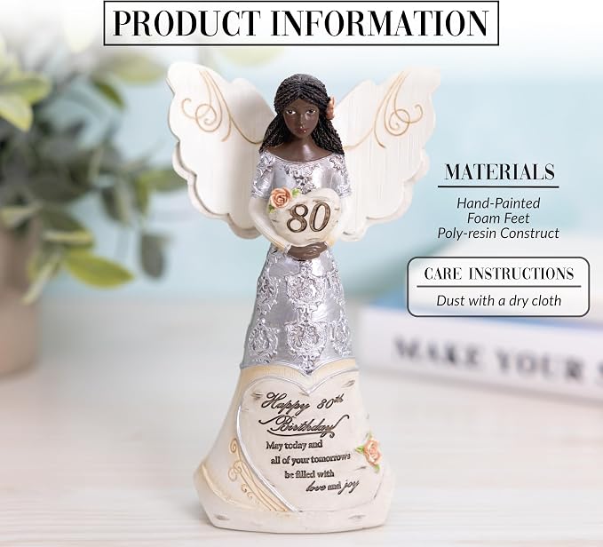 Pavilion Gift Company - Happy 80th Birthday - 6" Ebony African American Angel Figurine Religious Best Friend Bestie BFF God Jesus Lover Christian Christ Gift Present