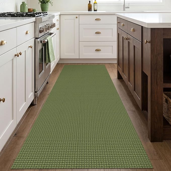 IOHOUZE Washable Runner Rug 3x8 Non Slip Rubber Backed Wide Hallway Runner Entryway Runner Indoor, Kitchen Rugs Woven Floor Carpet for Hall Entrance Bedroom, Olive Green/Earthy Green