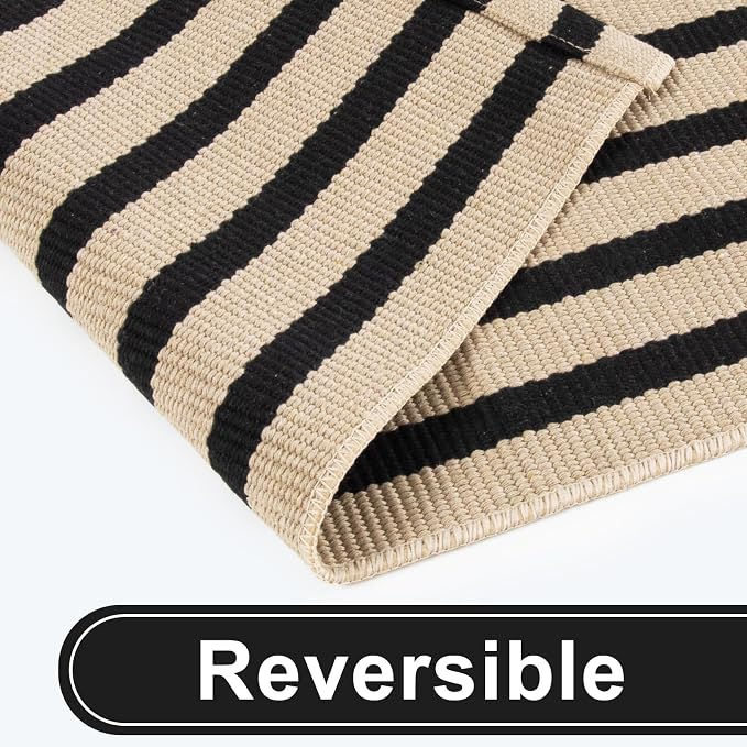 KIMODE Black and Khaki Striped Outdoor Rug 3'x 5', Washable Reversible Fall Outdoor Patio Rugs, Cotton Hand-Woven Farmhouse Welcome Layered Door Mats for Front Door, Entryway, Porch Decor