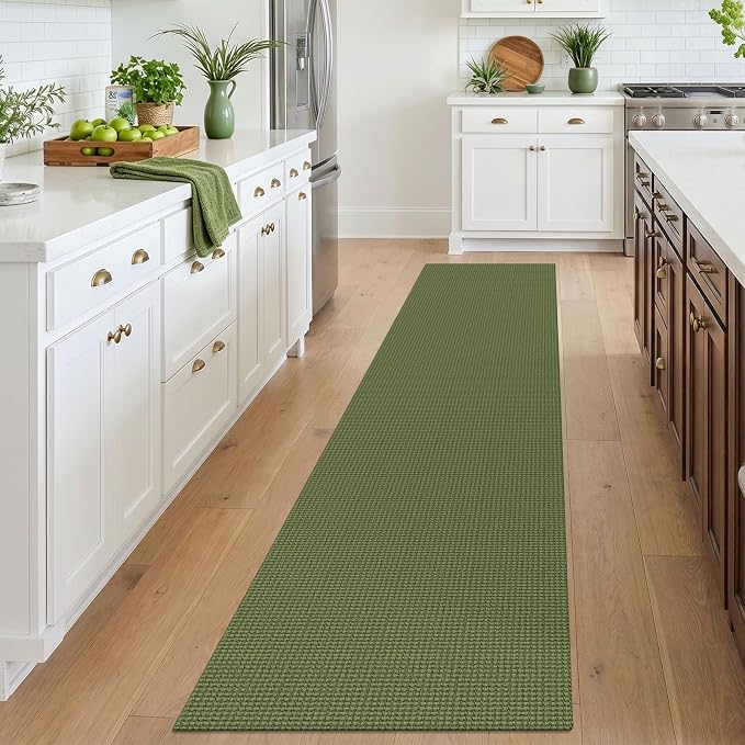 IOHOUZE Washable Runner Rug 2x10 Non Slip Rubber Backed Long Hallway Runner Entryway Runner Indoor, Kitchen Rugs Woven Cotton Floor Carpet for Hall Entrance, Olive Green/Earthy Green