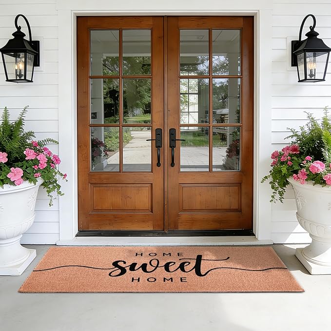Home Sweet Home Long Doormat for Double Door Entrance, 24x59 Inch | Extra Large Heavy Duty Front Porch Rug with Non Slip PVC Backing, Oversized Decorative Mat for Indoor Outdoor Entryway