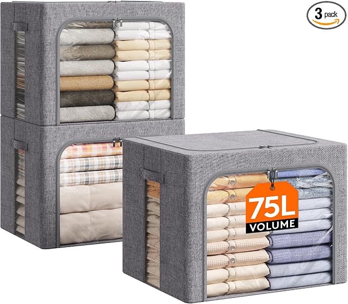 Lifewit Clothes Storage Bins with Metal Frame, Stackable Storage Box, Foldable Clothing Storage Bins with Lids, 75L Storage Bags Fabric Box Organizer with Clear Window＆ Zippers＆ Sturdy Handles 3 Pack