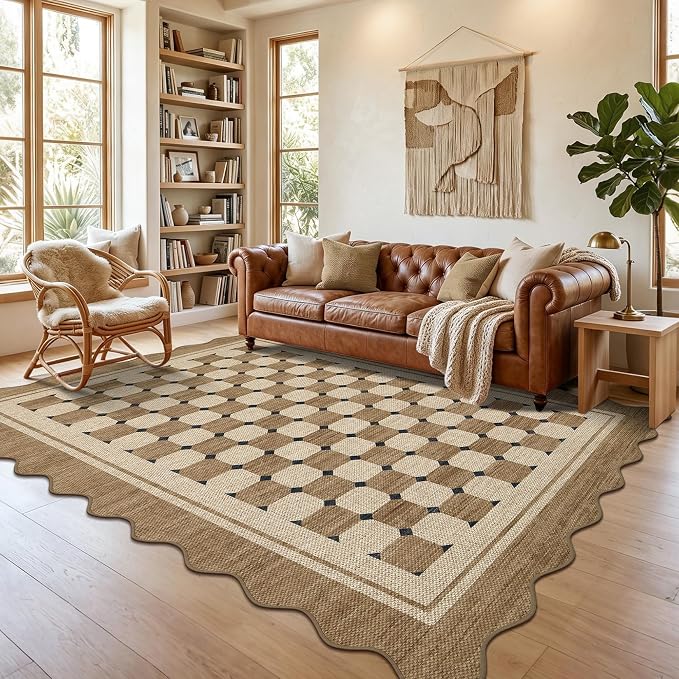 Garvee Easy Jute Rug Scalloped 5x7 Rugs for Living Room, Checkered Washable Non Slip Outdoor Patio Carpet, Farmhouse Indoor Area Rug Neutral Non Slip Carpet for Backyard Dining Room Deck 5'x7'