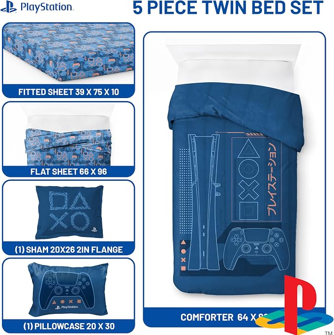 Jay Franco Kids Bed Set, Blue, PlayStation, 5 Piece Twin | Cozy Soft Bedding for Stylish Room Décor with Comforter, Sheets & Pillow Covers