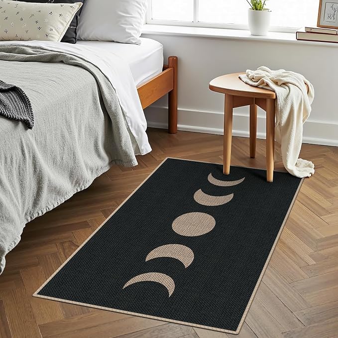 Easy Jute 2x3 Black Moon Area Rug,Washable Entryway Rug, Small Modern Door Carpet,Neutral Non-Slip Outdoor Indoor Farmhouse Rug for Kitchen Patio Entry Porch