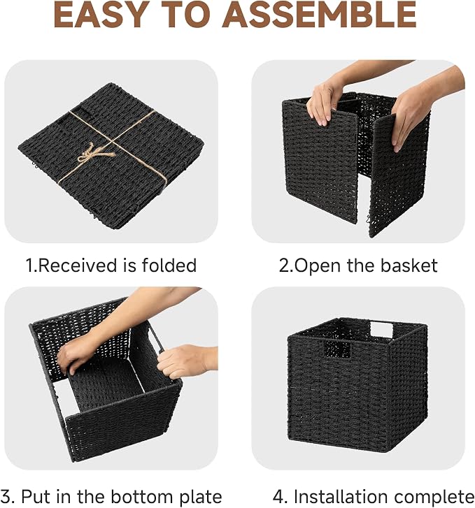 StorageWorks 13 inch Black Wicker Baskets for Storage,Foldable Black Basket | 2-Pack,Handwoven Wicker Storage Baskets for Organizing,Square Storage Cubes,Black Storage Bins,Paper Rope Square Baskets
