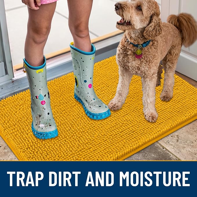 Smiry Dog Door Mat for Muddy Paws 30x17, Absorbent Dirt Trapper, Non-Slip Washable Chenille Entryway Rug for Inside Floor, Golden Yellow, Classic Solid