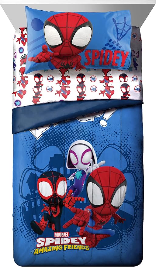 Marvel Spidey and Friends Full Size Comforter Set 7 Piece Bedding, Blue | Ghost-Spider, Bed in a Bag, Comforter Sheets Shams Pillowcases, Official Brand, Soft Microfiber, Machine Washable, Kids Gift