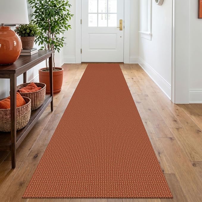 IOHOUZE Washable Runner Rug 2x10 Non Slip Rubber Backed Long Hallway Runner Entryway Runner Indoor, Kitchen Rugs Woven Cotton Floor Carpet for Hall Entrance, Burnt Orange/Tan