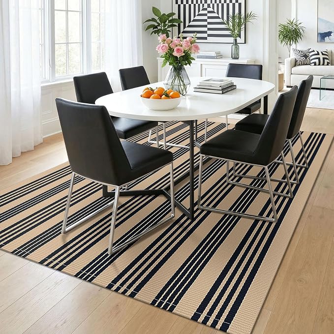 KOZYFLY 5x7 ft Area Rug Brown and Black Striped Living Room Rug Woven Washable Cotton Farmhouse Indoor Outdoor Rugs for Porch Patio Bedroom Dining Room Carpet